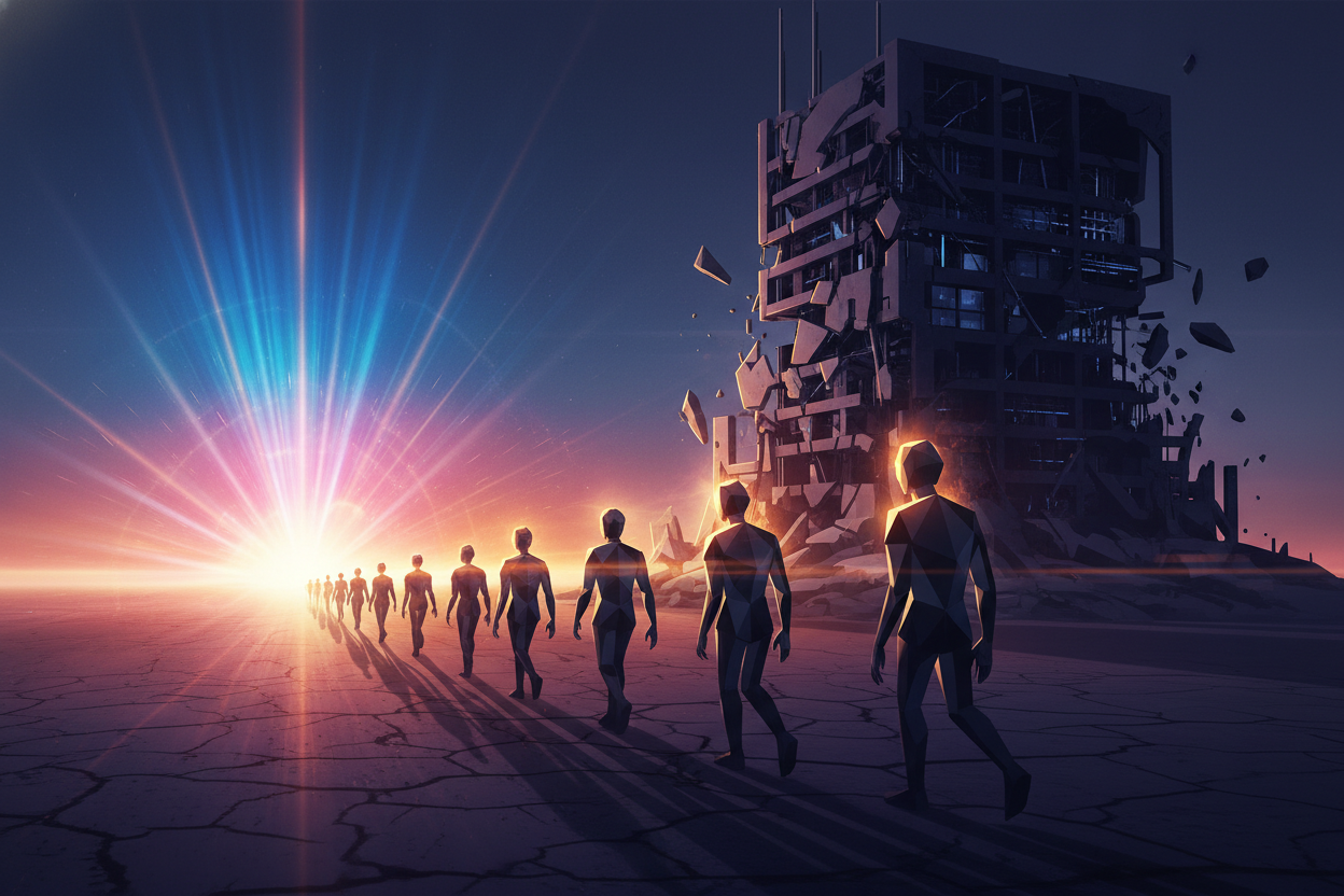 Abstract representation of talent exodus and new beginnings